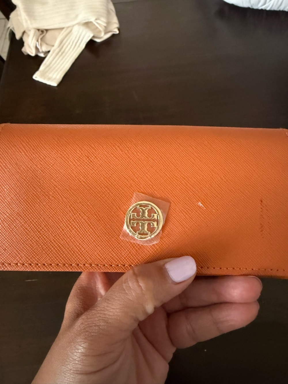 Tory Burch Orange Saffiano Continental sunglass case with Gold Logo